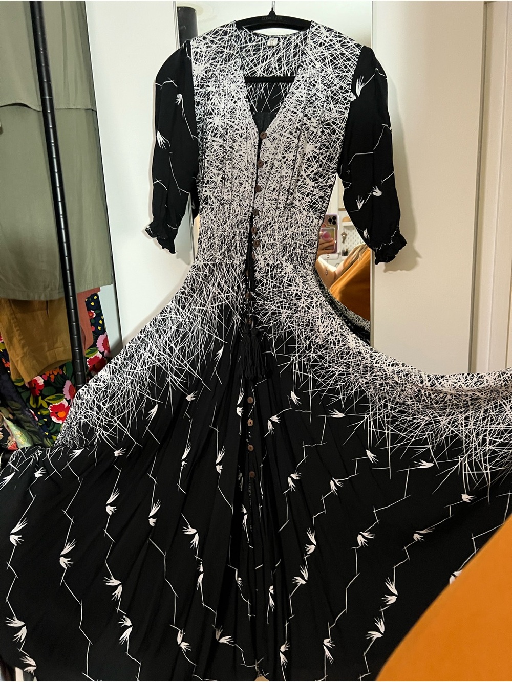 Handmade Thailand Black White Cotton Boho Maxi Dress Coconut Buttons